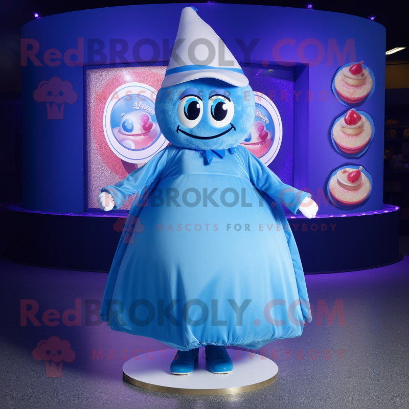 Blue Donut mascot costume character dressed with a Wrap Skirt and Hat pins Blue Donut mascot costume character dressed with a Wrap Skirt and Hat pins