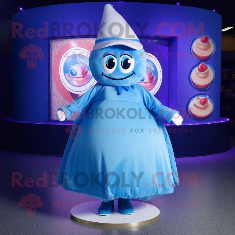 Blue Donut mascot costume character dressed with a Wrap Skirt and Hat pins