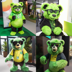 Lime Green Spectacled Bear mascot costume character dressed with a Graphic Tee and Eyeglasses