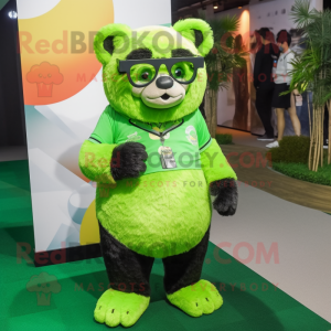 Lime Green Spectacled Bear mascot costume character dressed with a Graphic Tee and Eyeglasses