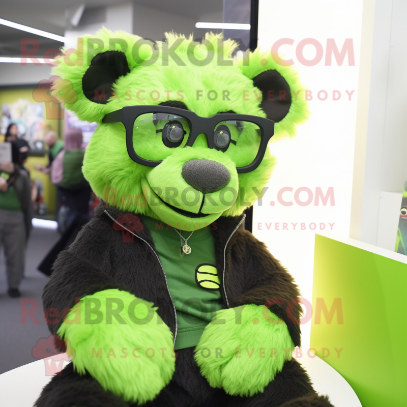 Lime Green Spectacled Bear mascot costume character dressed with a Graphic Tee and Eyeglasses Lime Green Spectacled Bear mascot costume character dressed with a Graphic Tee and Eyeglasses