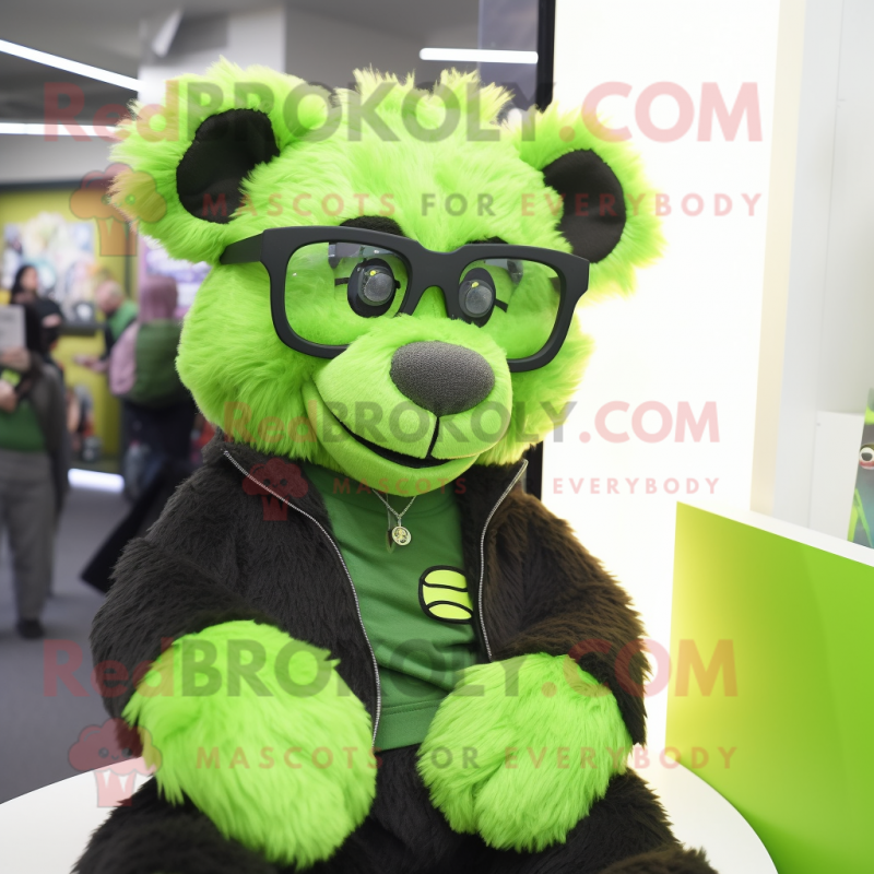 Lime Green Spectacled Bear mascot costume character dressed with a Graphic Tee and Eyeglasses