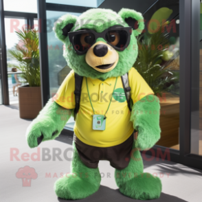 Lime Green Spectacled Bear mascot costume character dressed with a Graphic Tee and Eyeglasses