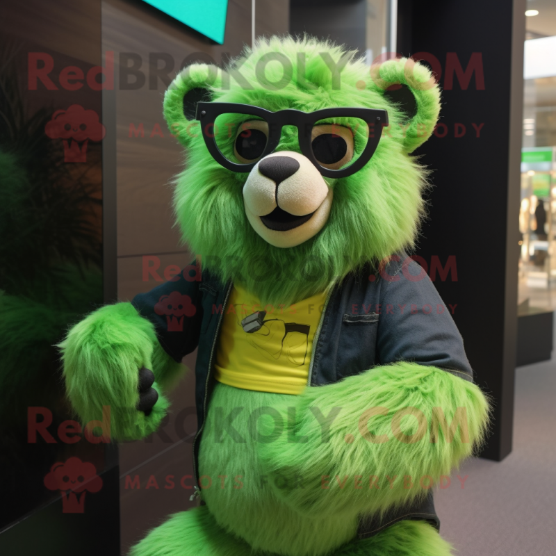 Lime Green Spectacled Bear mascot costume character dressed with a Graphic Tee and Eyeglasses Lime Green Spectacled Bear mascot costume character dressed with a Graphic Tee and Eyeglasses