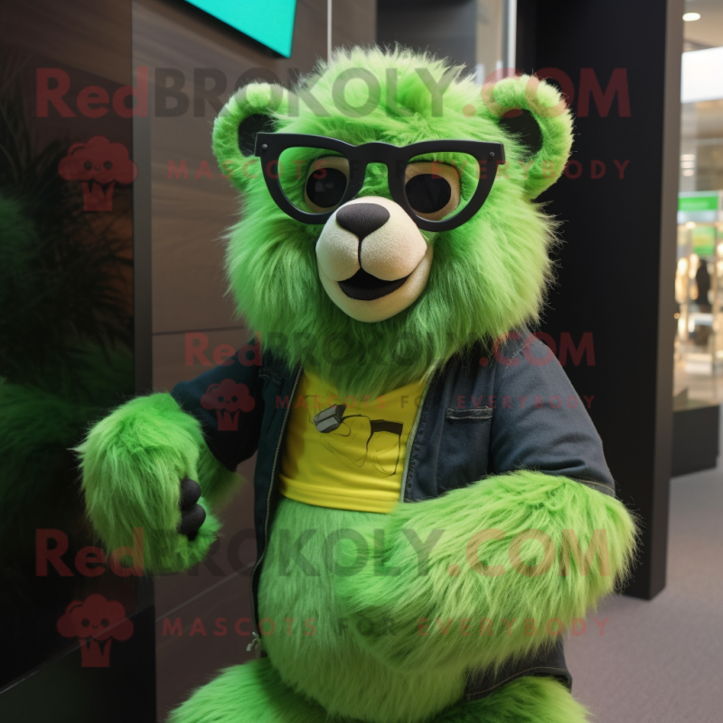 Lime Green Spectacled Bear mascot costume character dressed with a Graphic Tee and Eyeglasses