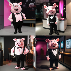 Pink Pig mascot costume character dressed with a Tuxedo and Suspenders