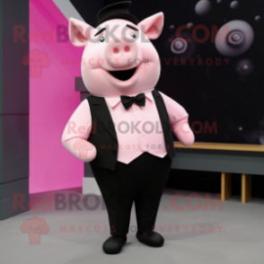 Pink Pig mascot costume character dressed with a Tuxedo and Suspenders