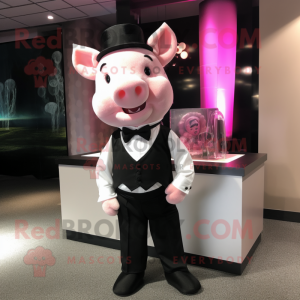 Pink Pig mascot costume character dressed with a Tuxedo and Suspenders