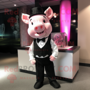 Pink Pig mascot costume character dressed with a Tuxedo and Suspenders