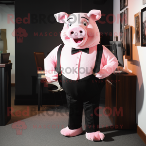 Pink Pig mascot costume character dressed with a Tuxedo and Suspenders