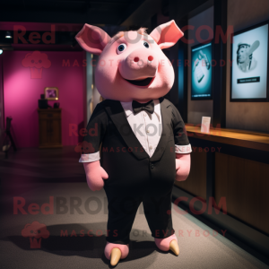 Pink Pig mascot costume character dressed with a Tuxedo and Suspenders