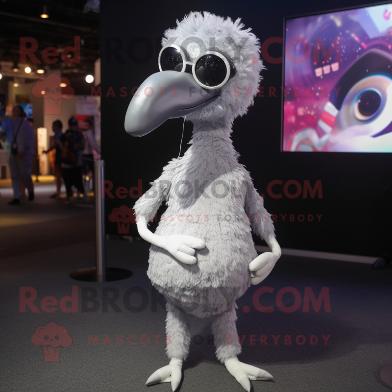 Silver Ostrich mascot costume character dressed with a Leggings and Eyeglasses Silver Ostrich mascot costume character dressed with a Leggings and Eyeglasses