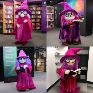 Magenta Witch mascot costume character dressed with a Wrap Skirt and Reading glasses
