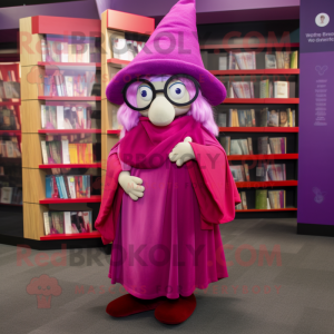 Magenta Witch mascot costume character dressed with a Wrap Skirt and Reading glasses