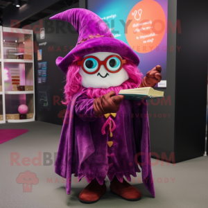 Magenta Witch mascot costume character dressed with a Wrap Skirt and Reading glasses