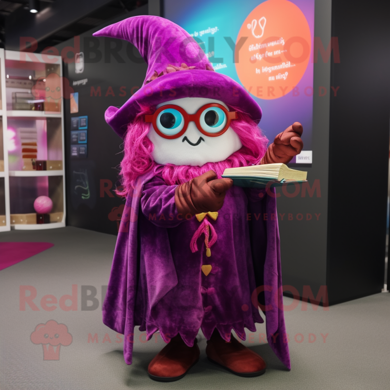 Magenta Witch mascot costume character dressed with a Wrap Skirt and Reading glasses