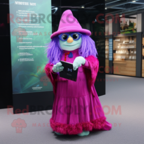 Magenta Witch mascot costume character dressed with a Wrap Skirt and Reading glasses