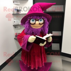 Magenta Witch mascot costume character dressed with a Wrap Skirt and Reading glasses