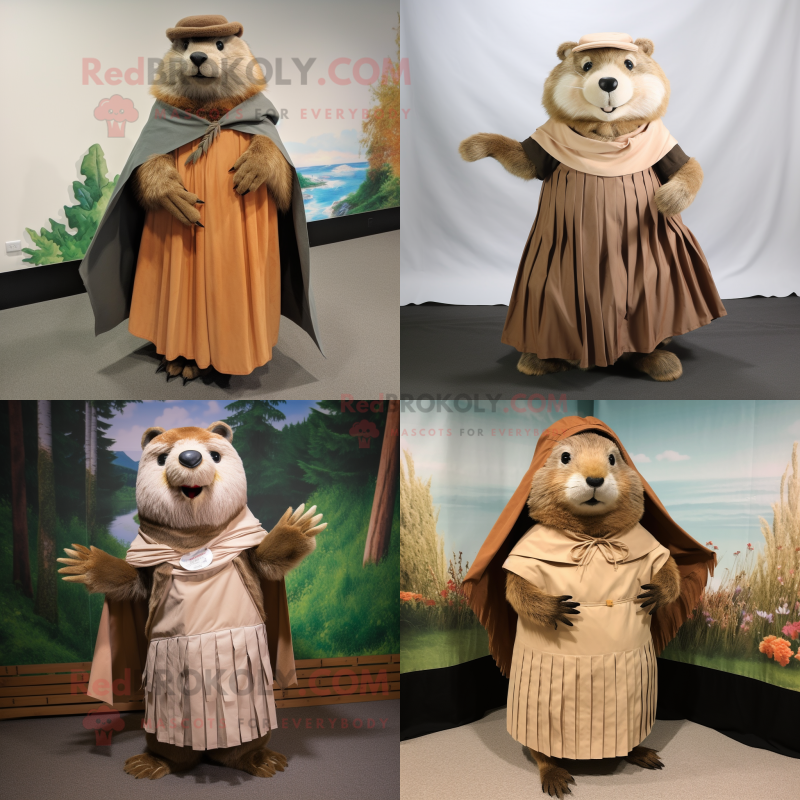 Tan Beaver mascot costume character dressed with a Pleated Skirt and Shawls Tan Beaver mascot costume character dressed with a Pleated Skirt and Shawls
