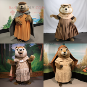 Tan Beaver mascot costume character dressed with a Pleated Skirt and Shawls