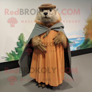 Tan Beaver mascot costume character dressed with a Pleated Skirt and Shawls