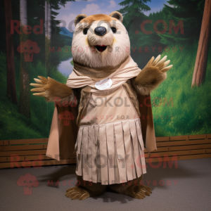 Tan Beaver mascot costume character dressed with a Pleated Skirt and Shawls