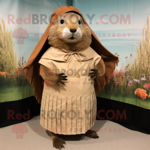 Tan Beaver mascot costume character dressed with a Pleated Skirt and Shawls
