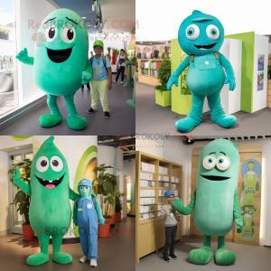 Cyan Green Bean mascot costume character dressed with a Dungarees and Watches