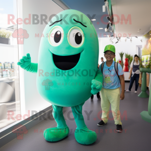 Cyan Green Bean mascot costume character dressed with a Dungarees and Watches