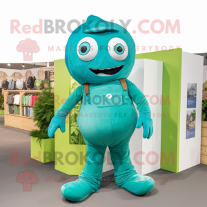 Cyan Green Bean mascot costume character dressed with a Dungarees and Watches