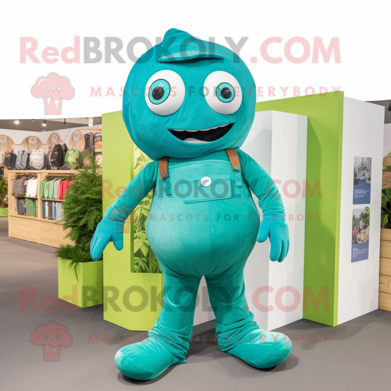Cyan Green Bean mascot costume character dressed with a Dungarees and Watches Cyan Green Bean mascot costume character dressed with a Dungarees and Watches