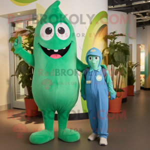 Cyan Green Bean mascot costume character dressed with a Dungarees and Watches