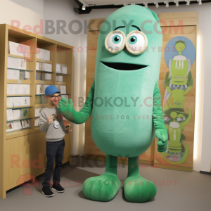 Cyan Green Bean mascot costume character dressed with a Dungarees and Watches