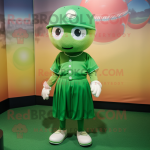 Green Baseball Ball mascot costume character dressed with a Midi Dress and Berets