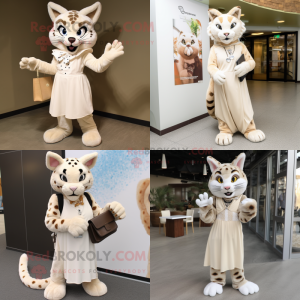 Cream Bobcat mascot costume character dressed with a Maxi Dress and Clutch bags