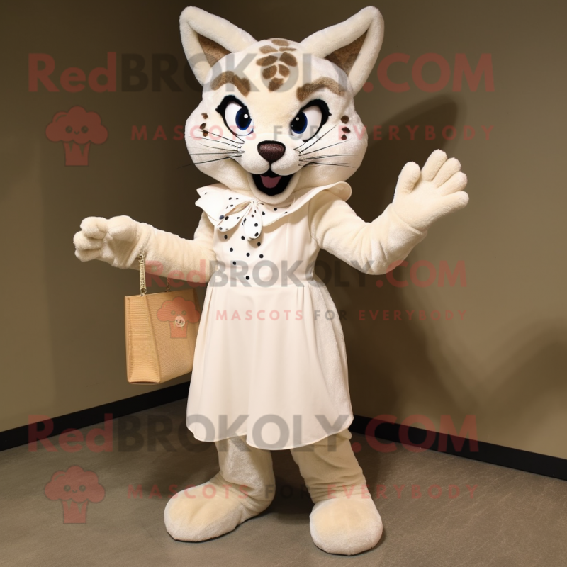 Cream Bobcat mascot costume character dressed with a Maxi Dress and Clutch bags