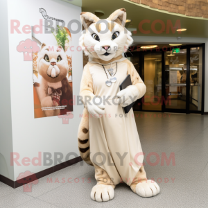 Cream Bobcat mascot costume character dressed with a Maxi Dress and Clutch bags