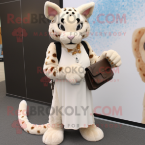 Cream Bobcat mascot costume character dressed with a Maxi Dress and Clutch bags