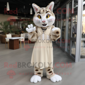 Cream Bobcat mascot costume character dressed with a Maxi Dress and Clutch bags