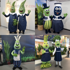 Navy Asparagus mascot costume character dressed with a Midi Dress and Cummerbunds