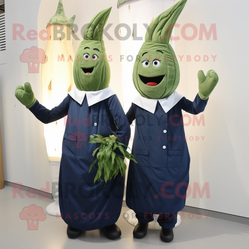 Navy Asparagus mascot costume character dressed with a Midi Dress and Cummerbunds