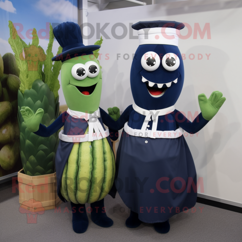 Navy Asparagus mascot costume character dressed with a Midi Dress and Cummerbunds