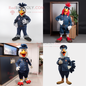 Navy Rooster mascot costume character dressed with a Jeans and Shoe laces