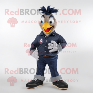 Navy Rooster mascot costume character dressed with a Jeans and Shoe laces