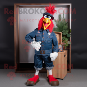 Navy Rooster mascot costume character dressed with a Jeans and Shoe laces