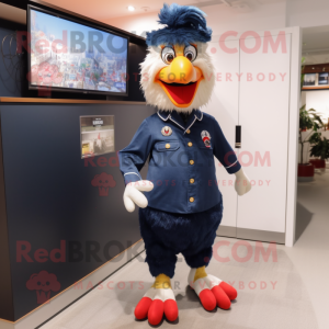 Navy Rooster mascot costume character dressed with a Jeans and Shoe laces