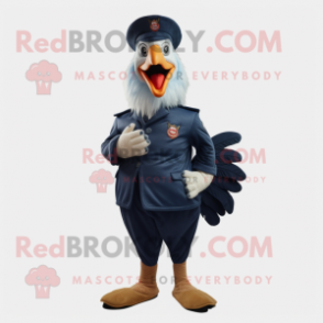 Navy Rooster mascot costume character dressed with a Jeans and Shoe laces