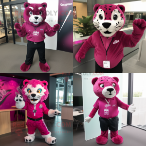 Magenta Jaguar mascot costume character dressed with a Dress Shirt and Hair clips