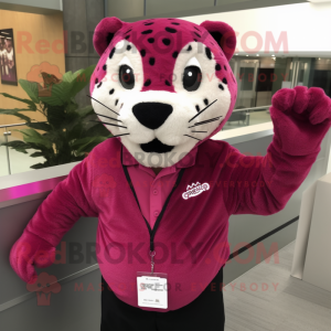 Magenta Jaguar mascot costume character dressed with a Dress Shirt and Hair clips
