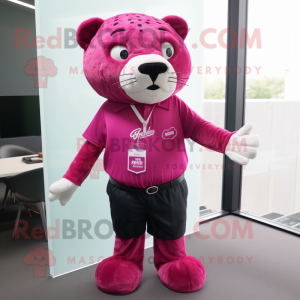 Magenta Jaguar mascot costume character dressed with a Dress Shirt and Hair clips